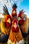 Group of four roosters standing next to each other on field. Generative AI