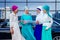 Group of four successful business multinational Muslims women in stylish veiled hijab a turban headscarf is tied up on