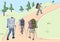 Group of four tourists with hiking sticks and backpacks. Vector flat illustration. Colorful drawing. Isolated black contour and