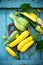 A group of fresh colorful zucchini