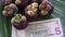 Group of fresh exotic tropical thai fruit mangosteens garcinia mangostana with american currency us dollars rotating