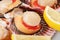 Group of fresh opened scallop with scallop roe or coral with lemon slices close up