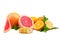 A group of fresh, organic, tropical lemons, grapefruits, oranges with green leaves. Mixed citrus fruits.