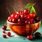 Group of Fresh Red Cherry Fruits in Wooden Bowl Defocused Background