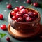 Group of Fresh Red Cherry Fruits in Wooden Bowl Defocused Background