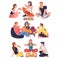 Group of Friend Character Eating Food at Home Sitting on the Floor with Pizza and Tortilla Vector Set