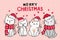 Group of friend cute kitten cat in Christmas red hat and scarf with snowfalling on pink background, merry christmas, banner and