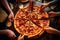 Group of friends eating pizza in cafe, close-up view, Friends eating pizza together at home, section cropped, AI Generated