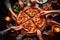 Group of friends eating pizza at table, close-up view from above, Friends eating pizza together at home, section cropped, AI