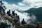 A group of friends enjoying the picturesque view from the summit of a towering mountain, Hikers taking a break on a rocky outcrop