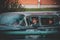 Group of friends inside a vintage car during the cruising event in Sweden