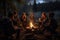 Group of friends sitting by the bonfire and drinking coffee in the mountains at night, A haunting and imaginative scene depicting