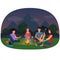 A group of friends sitting at the campfire in the night in mountains vector illustration. Camping picnic people.