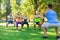 Group of friends or sportsmen exercising outdoors