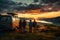 Group of friends stand together and looking at the mountain view, enjoying fresh air and beautiful view near the camper car.