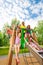 Group of friends together on a chute in summer