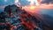 Group of friends or tourists are climbing on top of mountain and admire the view and sunset