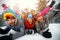 Group of friends on winter holidays - Skiers lying on snow and h