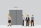 Group of Frustrated People Waiting at Elevator Lobby Cartoon Vector Illustration