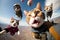 Group of funny cats flying in the sky on a hot air balloon