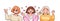 Group of funny female anime characters vector illustration in Japanese manga style. Portrait of three girls waving hand