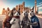 Group of funny kangaroos on the background of famous monuments of the world