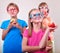 Group of funny kids with apples posing