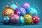 Group of funny multi-colored virus character with angry faces isolated on blue. Generative AI