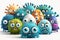 Group of funny multi-colored virus character with angry faces isolated on white. Generative AI
