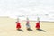 Group of funny snowmen. Tropical sea beach resort in christmas holidays. Christmas composition.