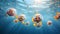 A group of funny water balls equipped with tiny, animated propellers, engaging in a playful underwater race