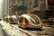 A group of futuristic cars speed down a bustling city street, their sleek designs reflecting the innovation and progress