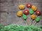 Group of gingerbread flowers and leafs on rustic wooden backgrou