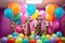 A group of giraffes standing in a room filled with balloons, birthday party.