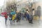 Group of girls in bright clothes under umbrellas. Rainy day in city, raindrops on glass of window