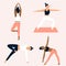 Group of girls doing yoga. Characters in different asanas