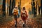 Group of Girls Walking Travel Hiking with Backpacks in the Autumn Forest extreme closeup. Generative AI