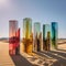 a group of glass blocks sitting on top of a sandy field