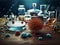 Group of glass cup and beakers for biological cultivation of viruses sitting on the table. AI generated