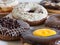 Group of glazed donuts on white background