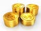 Group of gold usa dollar coins stacks on white