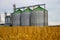 Group of grain dryers complex on the background of a yellow field of wheat or barley