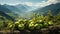 A group of green apples with a view of a valley. Generative AI.