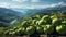 A group of green apples with a view of a valley. Generative AI.