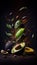 Group of Green Avocado Fruits Creatively Falling-Dripping Flying or Splashing on Black Background AI Generative