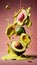 Group of Green Avocado Fruits Creatively Falling-Dripping Flying or Splashing on Pink Background AI Generative