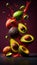 Group of Green Avocado Fruits Creatively Falling-Dripping Flying or Splashing on Red Background AI Generative