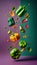 Group of Green Bell Peppers Vegetable Creatively Falling-Dripping Flying or Splashing on Green Background AI Generative