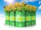 Group of green biofuel drums with sunflowers against blue sky wi