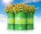 Group of green biofuel drums with sunflowers against blue sky wi